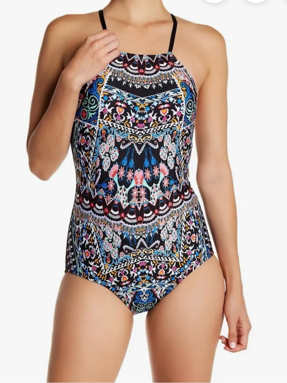 Laundry By Shelli Segal Black Multi Floral High-Neck One-Piece Swimsuit